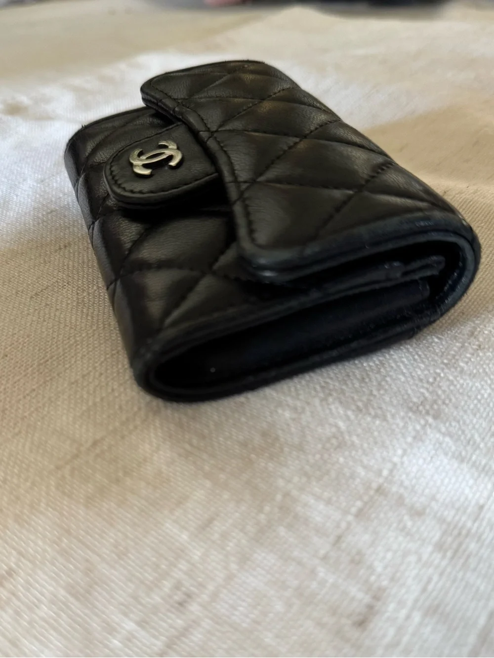 CHANEL Black Quilted Leather Card Case with Silver CC Hardware